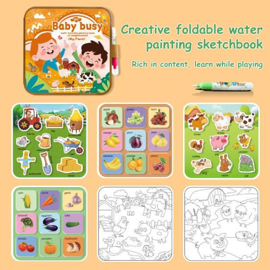 Çocuklar İçin Boyama Kitabı (Sulu Boya Kalemli) Yeniden Kullanılabilir Kirlenmeyen Su ile Boyama Kitabı Hayvan Araç Sebze Meyve Sayı Okul Öncesi Öğrenme Boyama Kitabı