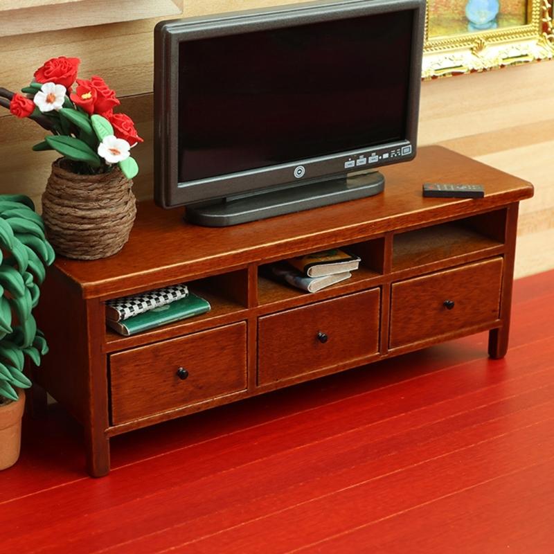 Miniature Wood TV Cabinet With Functional Drawer Doll House Living Room Scene Display Accessory Craft Model Furniture