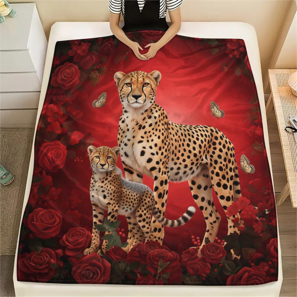 1PC Red Rose Animals Print Flannel Blanket, High Quality All Seasons, Home Decor, Warmth and Comfort, Perfect for Christmas Gifts