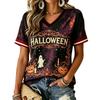 Women's Casual Short Sleeve V-Neck Pullover Top with Halloween Print