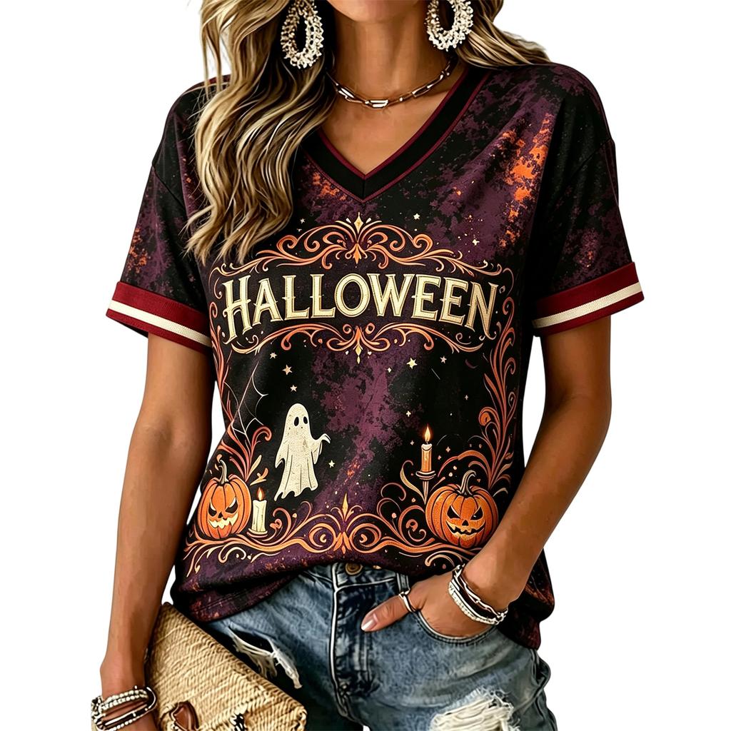 Women's Casual Short Sleeve V-Neck Pullover Top with Halloween Print