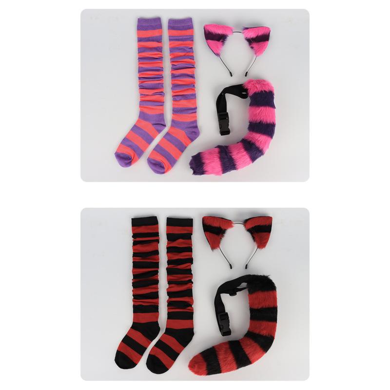 Gestreifte Katzenohren Katzenschwanz Strumpf Set süße Kniestrümpfe Halloween-Party Requisiten