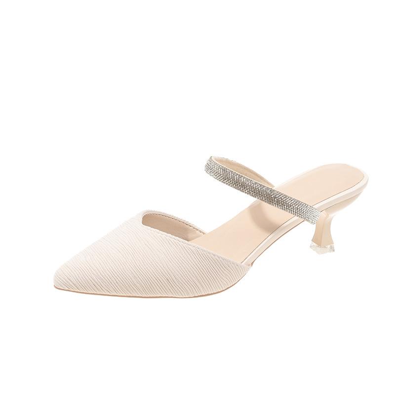 

2025 весна и лето новая корейская версия тканевая сумка голова полудрагоценный страз толстый каблук средний каблук классные тапочки ленивые тапочки женская обувь 40