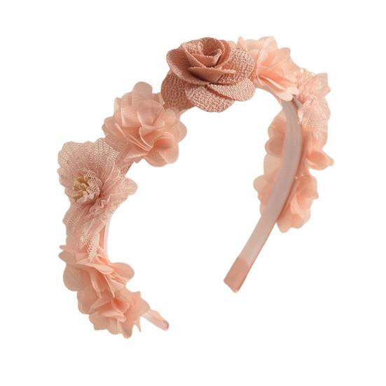 Soft Yarn Headband with Gauze Flowers Faux Pearls Decor Romantic