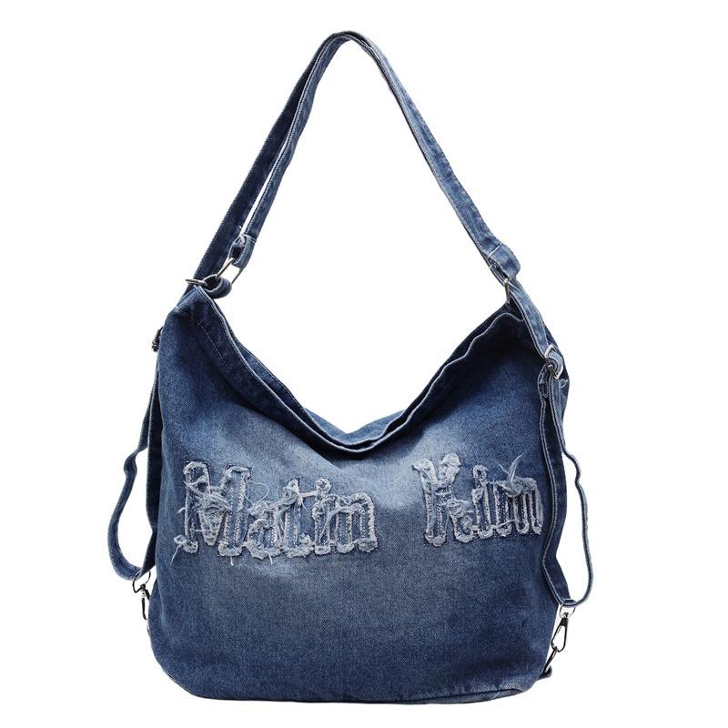 New retro rough edge washed embroidery letter denim tote bag large capacity shoulder bag women
