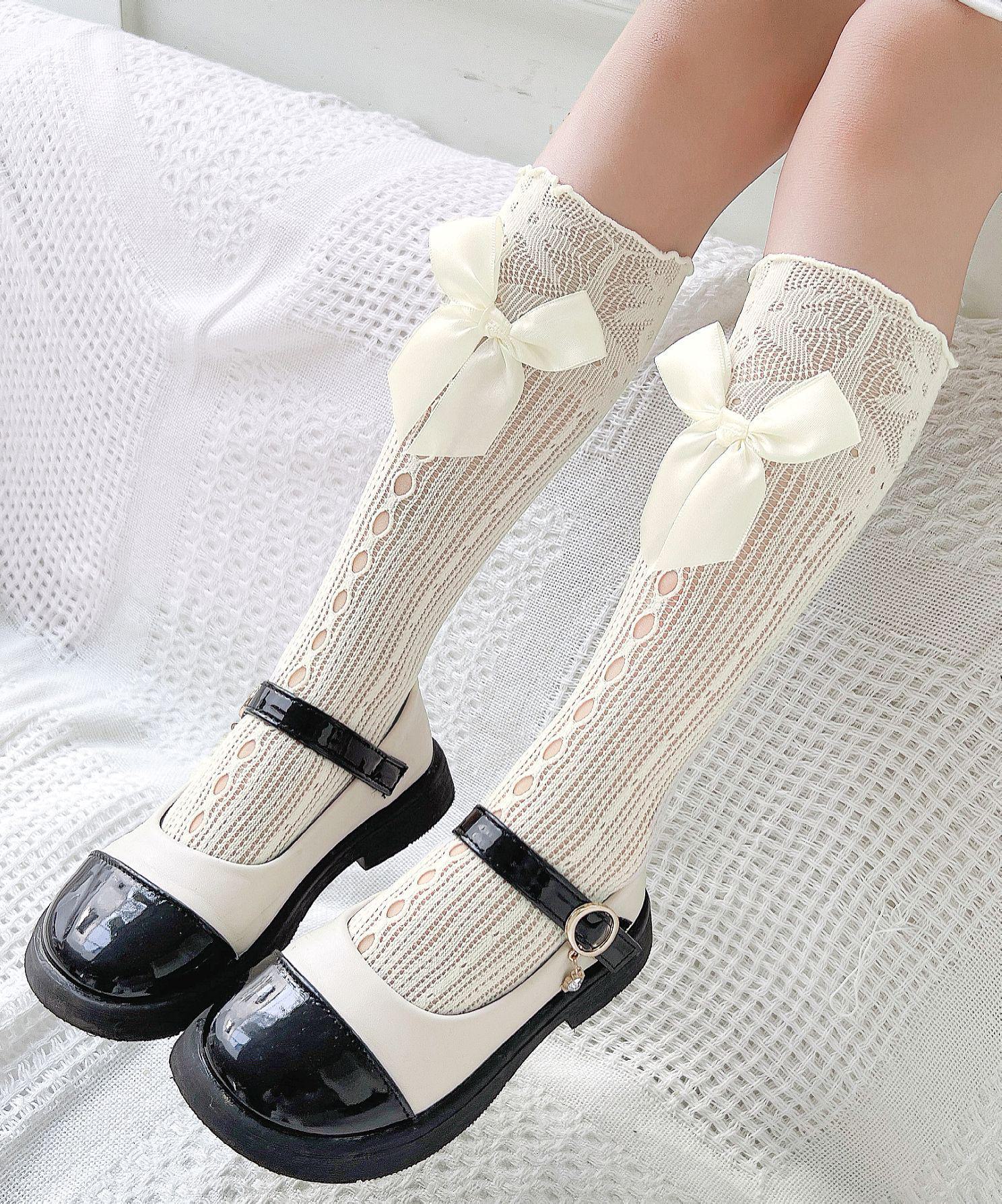 

Носки для девочек Lolita Princess с кружевом и бантом на весну/лето — милые, тонкие, сетчатые носки-полутрубы One Size бежевый