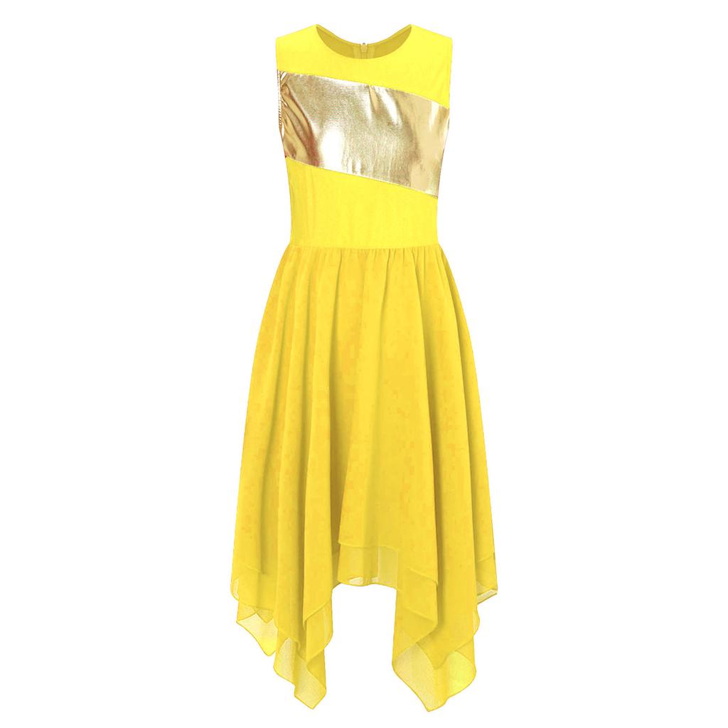 Girls Worship Liturgical Celebration Costume Color Block Sleeveless Asymmetric Hem Lyrical Dance Dress