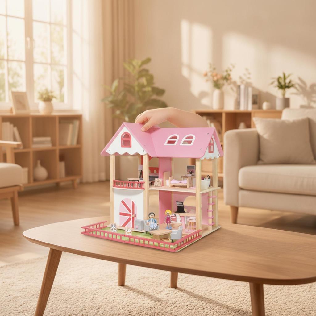 Pink Wooden Dollhouse | Multi-Level Open Layout, with Stairs, Toy, for