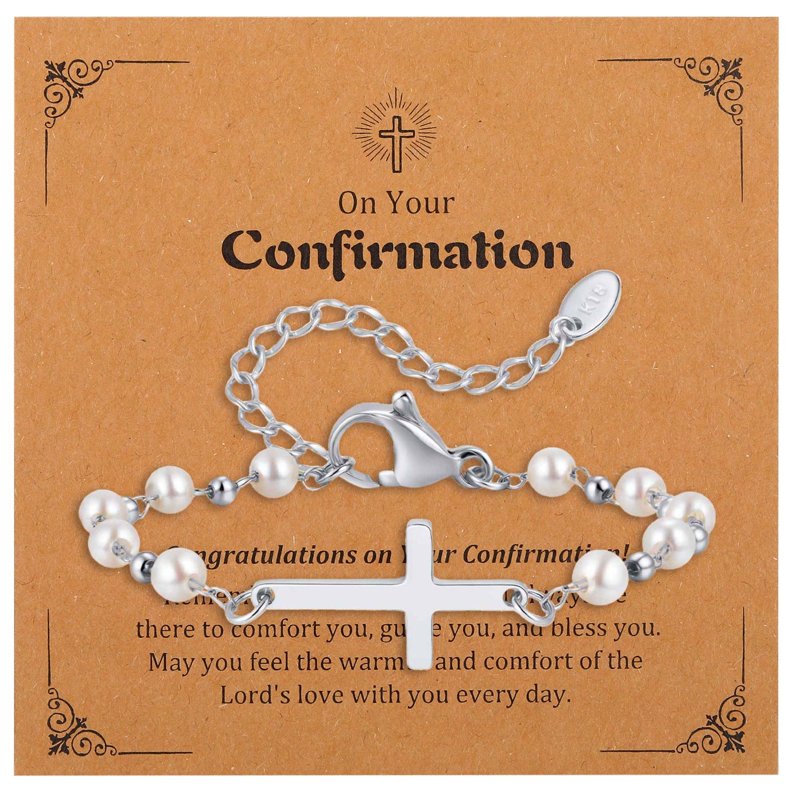 

18K Gold Plated Pearl Cross Children Bracelet, Adjustable Stainless Steel First Communion Baptism Gift for Girls Boys