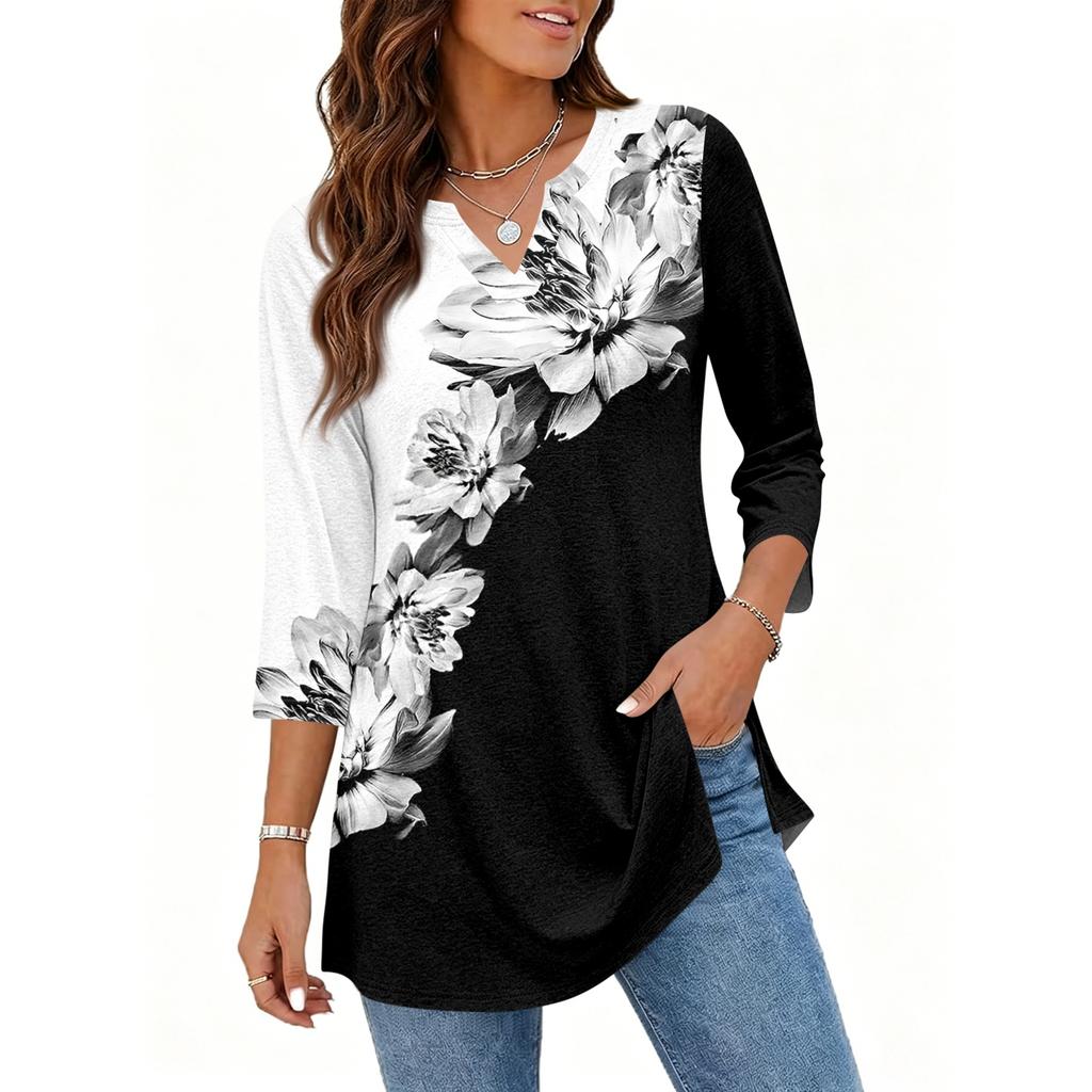 Women's Casual V Neck 3/4 Sleeve Pullover Tunic Top Floral Print Mid Length Loose Fit Blouse for Everyday Wear