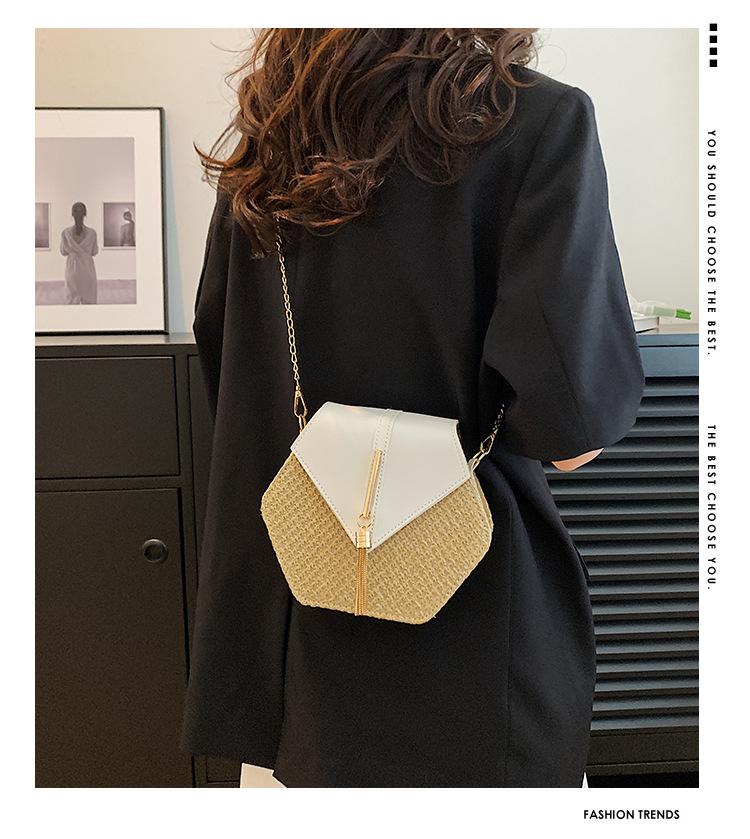 Korean Style Trendy Woven Hexagonal Women's Straw Crossbody Bag with Tassel Chain