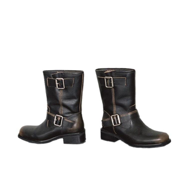 Europäische Station handpolierte alte Retro Kurzstiefel Damen 2025 großer Schaftumfang Spice Girl Wind Gürtelschnalle Ritterstiefel Tide