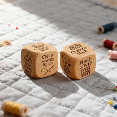 2 ks dřevěných kostek pro patchwork s 6 vyrytými úkoly pro patchwork Ručně vyráběné patchworkové projekty Kostky pro rozhodování Nástroj pro inspiraci Nadšenci do šití a patchworkových řemesel