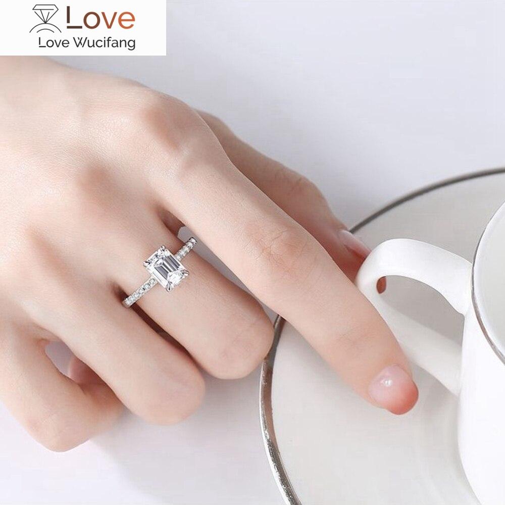 100 % 925 Sterling Silver Emerald Cut 6 * 8 mm Vytvořený drahokam Moissanite Svatební zásnubní prsten Ženy Jemné šperky Dárek