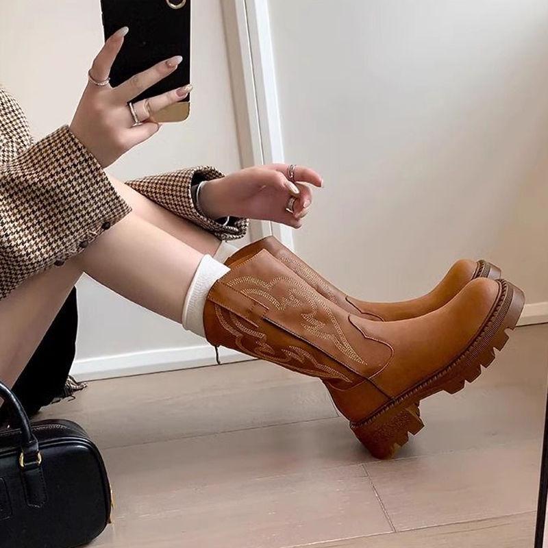 Retro Soft Leather Thick Sole Mid-Calf Western Cowboy Boots - Small Women's Autumn/Winter Martin Boots