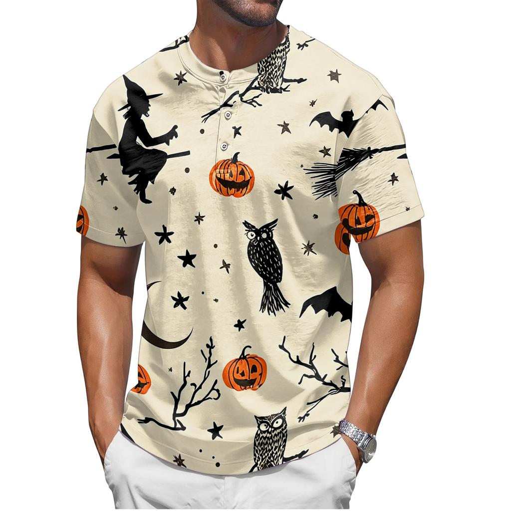 Men's Halloween Print Short Sleeve Henley Shirt Casual Round Neck Button Front Top for Seasonal Festive Wear