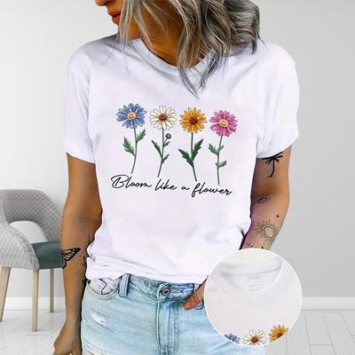 Women Summer T Shirt  Print Fresh Little Flower Short Sleeve Tees Casual   Printed  Tops