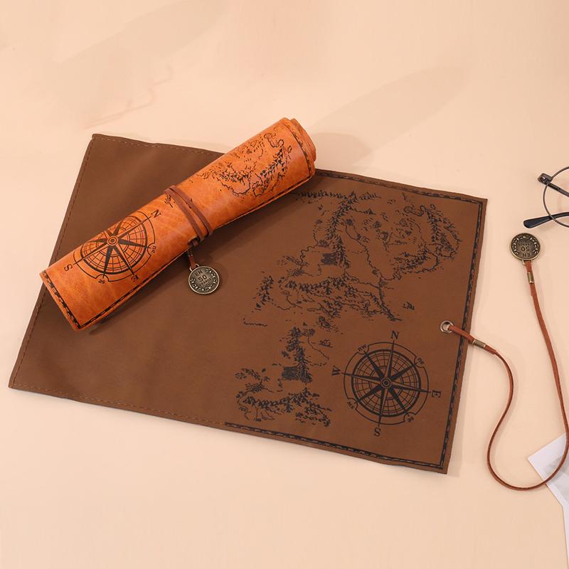 1Pc Creative Treasure Map Retro Pencil Case Leather Large Capacity Roll Pencil Bag Embossed Buckle Simple Stationery Box Roll Po