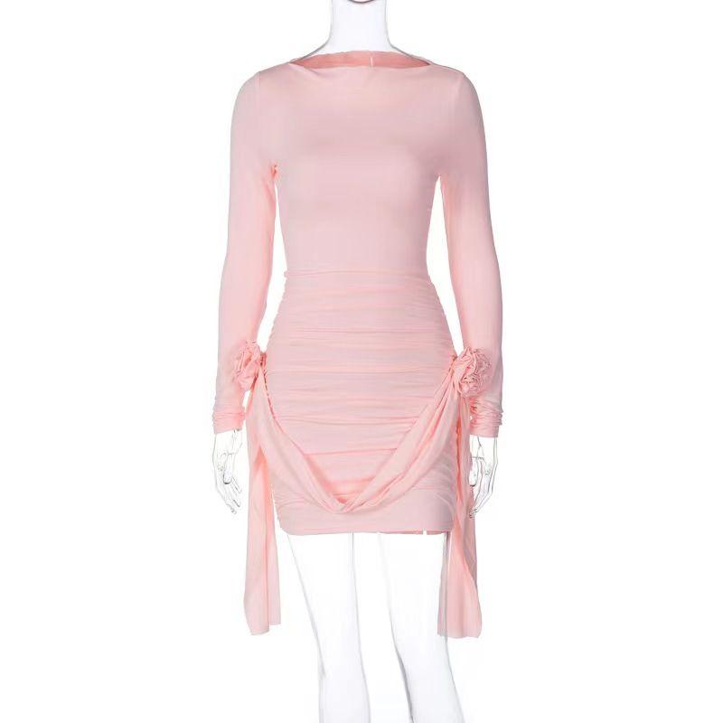 

Fashion Wind Long Sleeves Slim-Fitting Patchwork Streamer Flower Dress Hip Wrap Slim Fitting Dress Pink S
