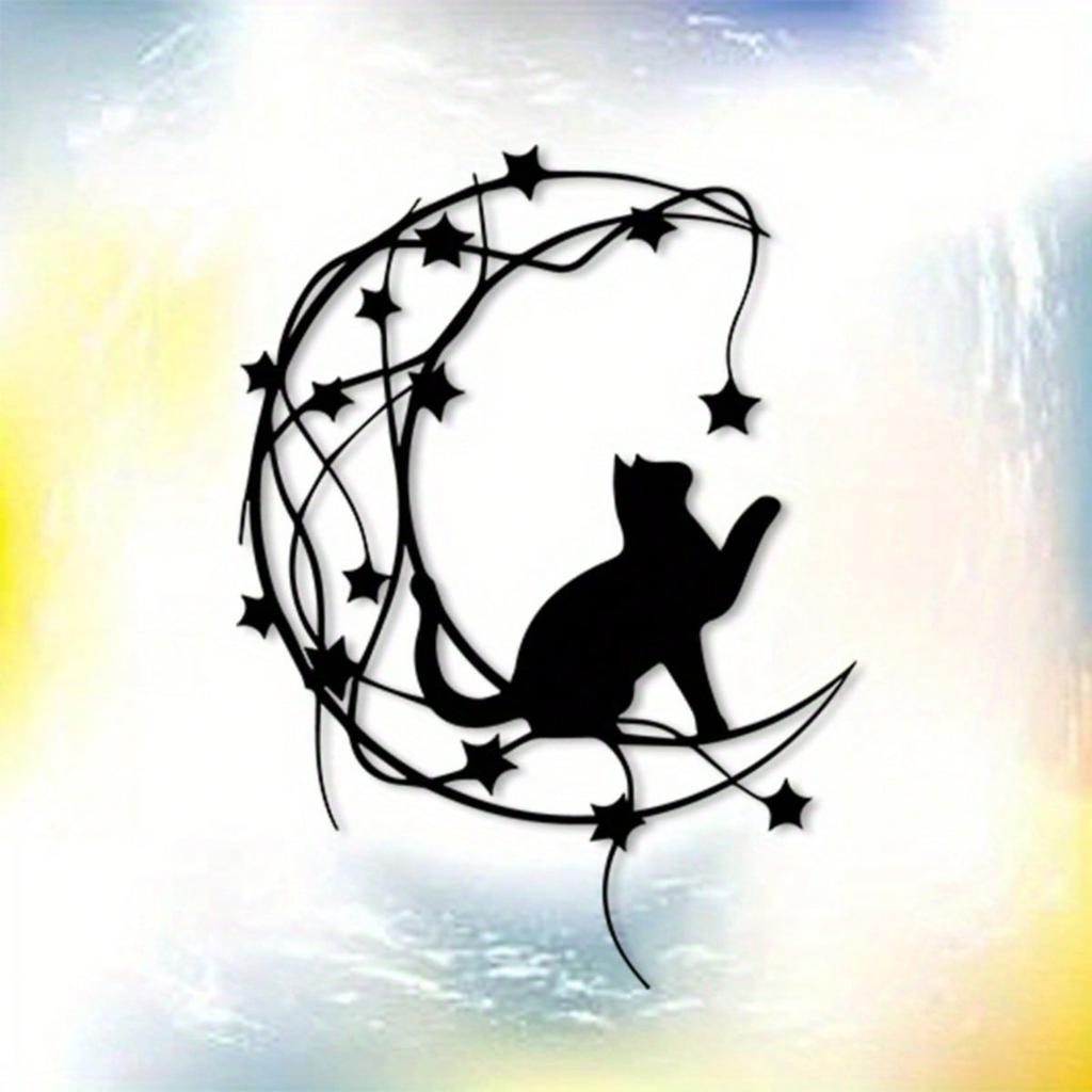 Vintage Cat and Moon Metal Wall Art Starry Night Weather Resistant Iron Decor Indoor Outdoor Farmhouse Living Room Christmas Gift
