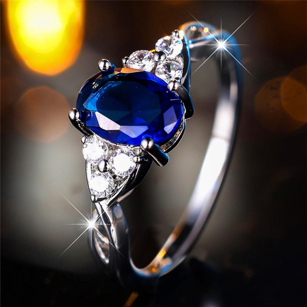 Luxuriöser blauer Zirkonstein Ovaler Fingerring Silberfarben Vintage Ehering Brautschmuck für Damen