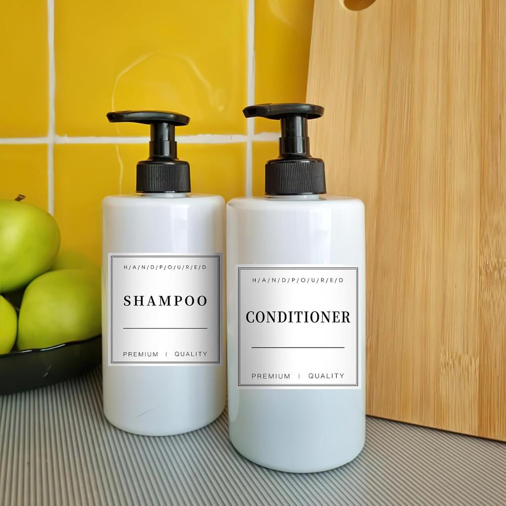 TESWEY 12PCS Bathroom Organization Labels, Waterproof Soap Dispenser Label Stickers for Glass/Plastic Bottles, Removable Cleaning Labels for Body