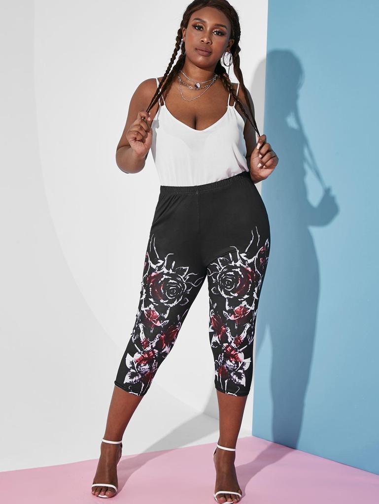 Rosegal Plus Size Capri Leggings med høy stige blomsterprint