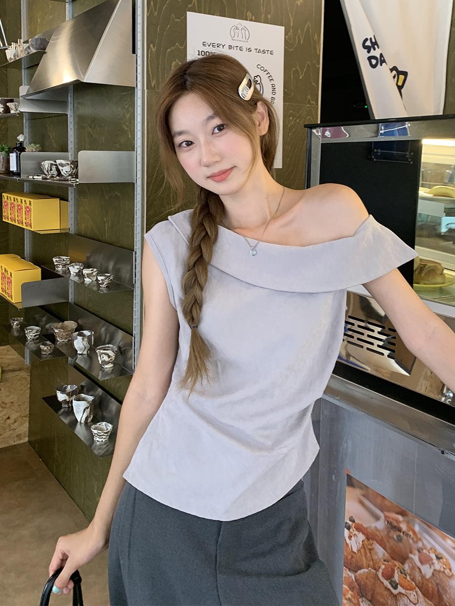 Korean pure desire lapel pleated off-shoulder slanted shoulder short-sleeved T-shirt women s summer new irregular design top S серый