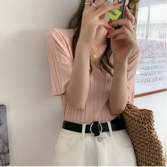 

Женская летняя трикотажная футболка Ice Silk с воротничком в форме сердца – свободная, карамельного цвета, короткий рукав One Size розовый