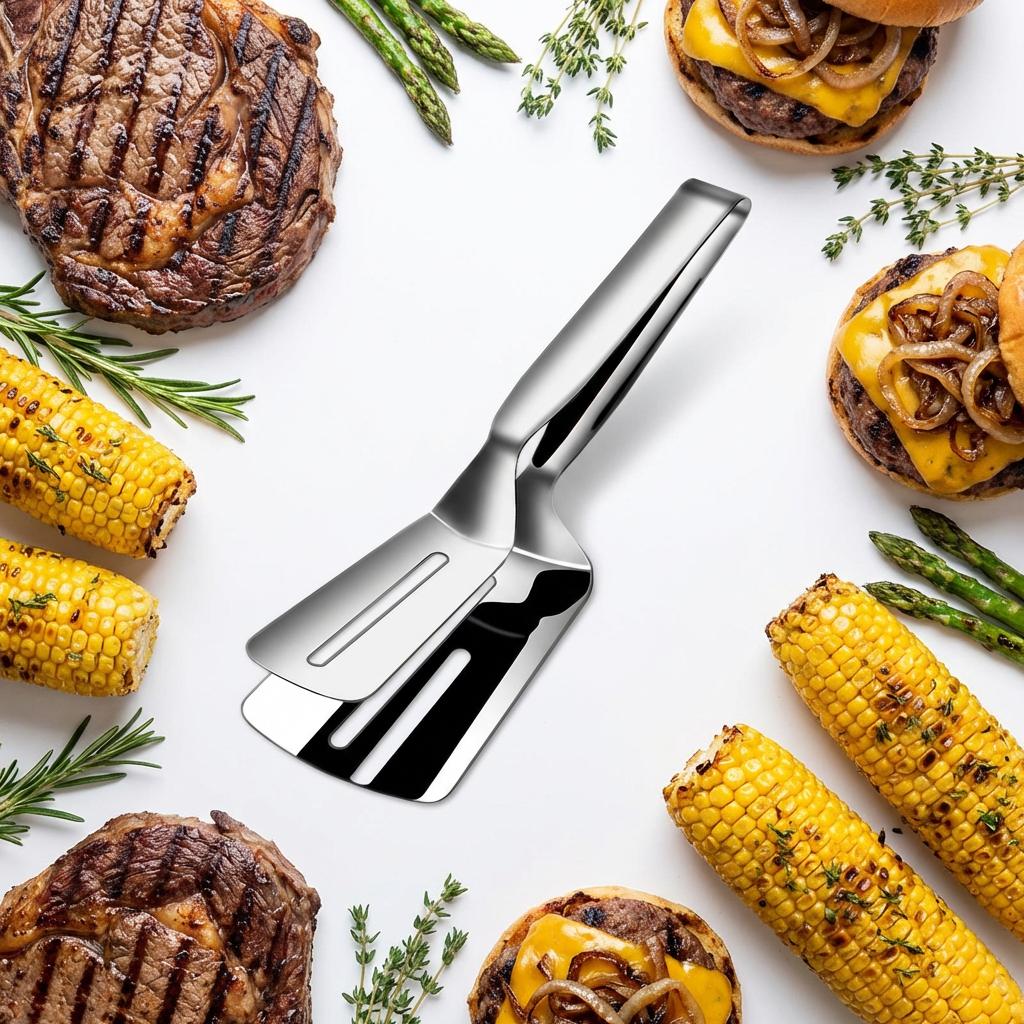 Stainless Steel Steak Clip - Heavy Duty Barbecue Tongs with Spatula, Multifunctional Grill Tool for Steak, Meat & BBQ Cooking