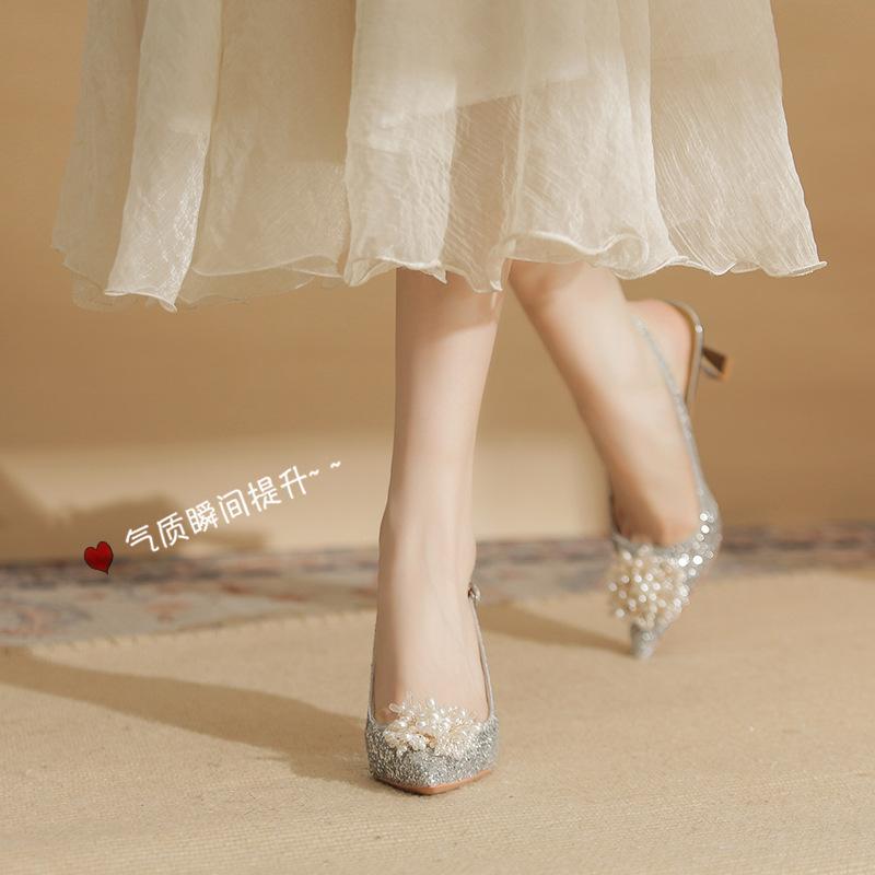 7521-8 [sheepskin] High-heeled Wedding Shoes Women's Thin Heels 2025 New Pointed Sandals Sequined Pearl Single Shoes