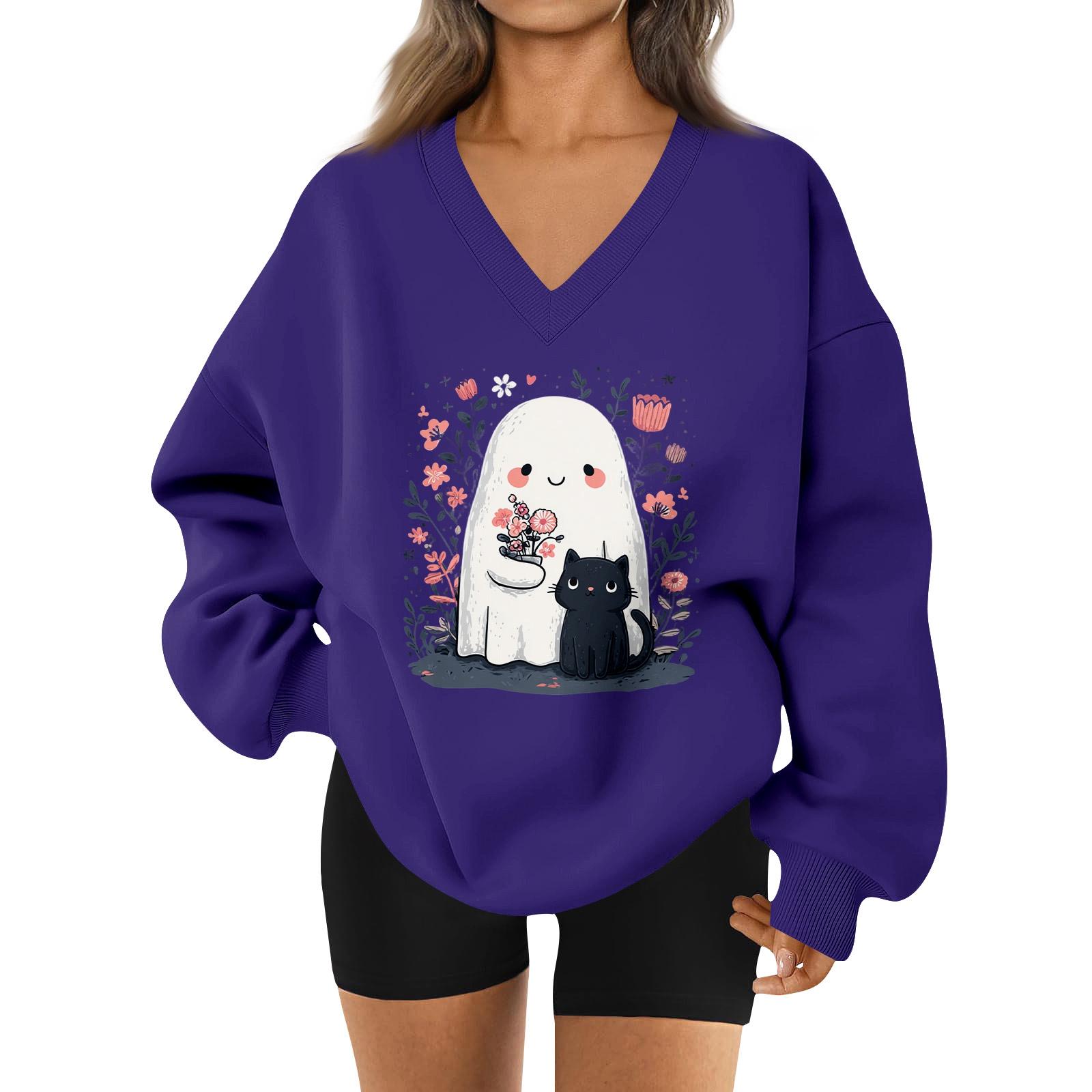 

Женский спортивный свитшот с V-образным вырезом, приспущенным плечом и принтом на Хэллоуин S