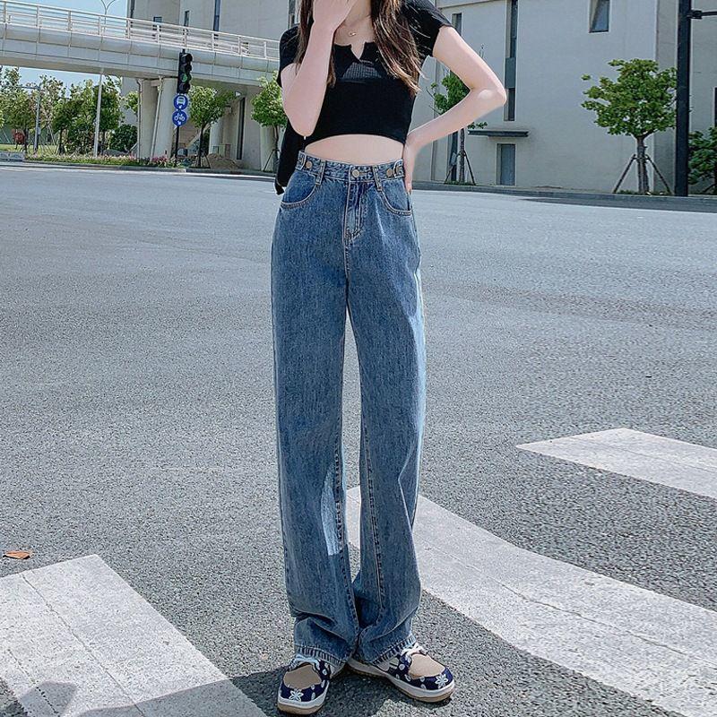 Women's High Waist Light Blue Denim Jeans - Loose, Straight, Floor-Length, Retro Wide Leg Pants for Spring & Autumn 2025.