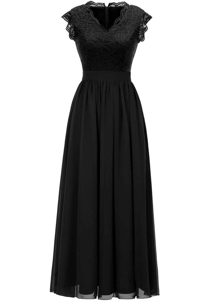 Cross-border Amazon Fashion V-neck Swing Dress Sleeveless Lace Splicing Chiffon Long Banquet Evening Dress Dress