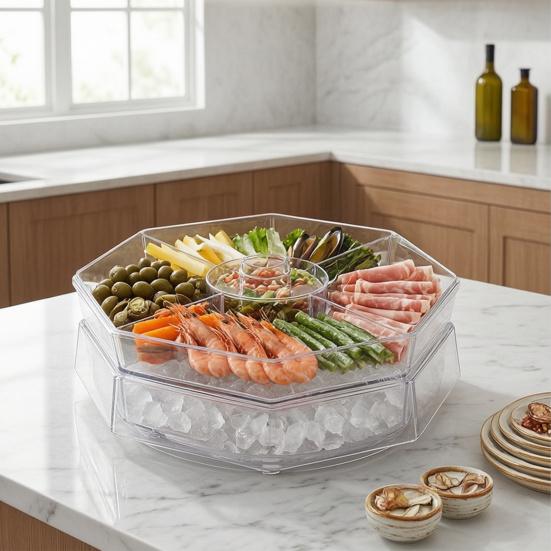 Rotating Serving Tray, with Multi-Compartment And Central Sauce Cup Design, Food Tray for Cold Cuts Seafood Fruits Vegetables