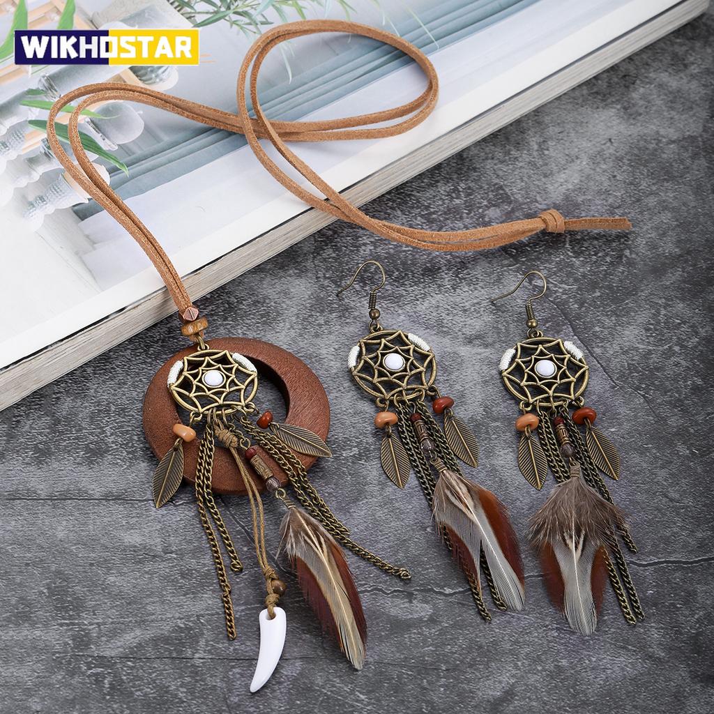 Antique Gold Dream Catcher Feather Earring Set for Women Boho Leaves Pendant Long Chain Tassel Wooden Necklaces Fashion Jewelry