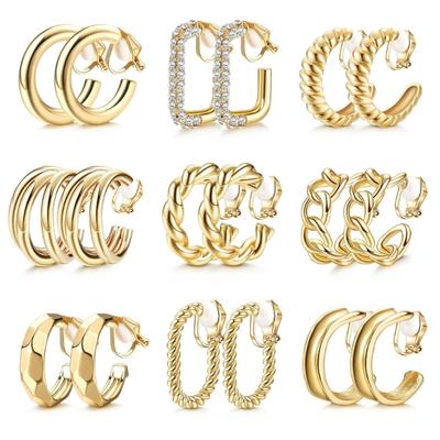 9Pairs Individualized Dumpy Hoop Clip On Earrings Gold Plated Ear Accessory for Women Comfortable No Pierced Wear