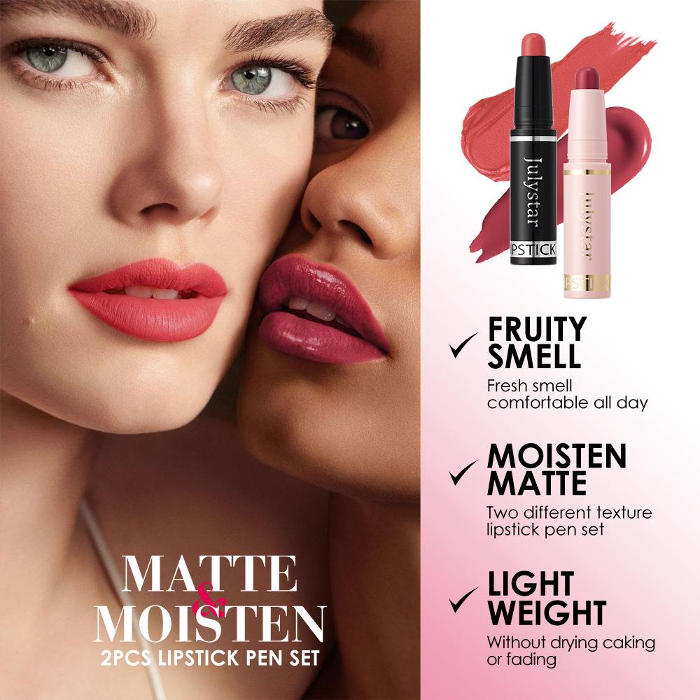Julystar Fruity Lipstick Pen Set 2pcs*4 Moisturizing Water-Gloss and Velvet Matte Lipstick Waterproof Long-Lasting Dual Finish Lip Makeup Cosmetics