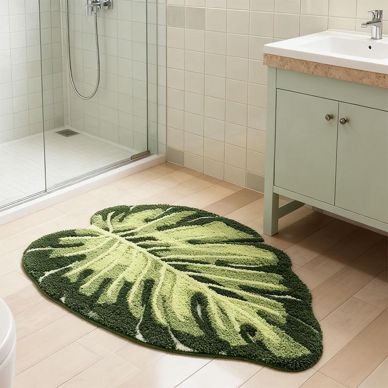 Tropical Green Leaf Bathroom Floor Mat Soft Plush Anti Slip Mat Bathroom Shower Bathtub Front Home Decoration