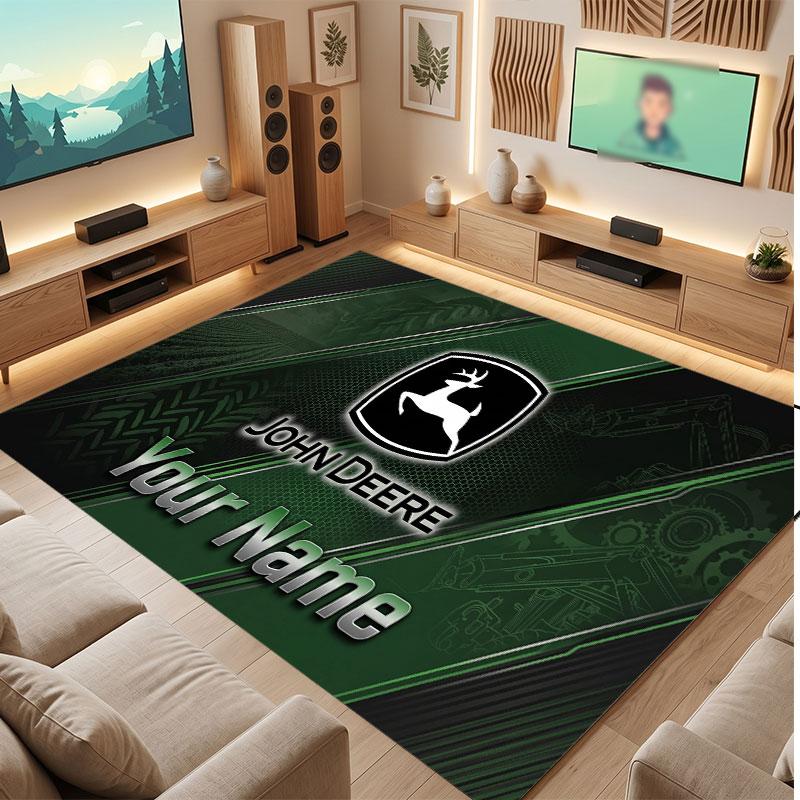 John Deere Personalisierter Kristall-Samt-Teppich, Benutzerdefinierter Namens-Text Weicher Anti-Rutsch-Teppich für Wohnzimmer Schlafzimmer