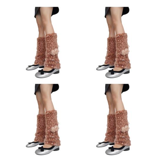 Deer Print Leg Warmers Women Faux Fur Fuzzy Calf Warmers with Pompoms Fluffy Boot Cuffs Cover for Sneakers Girls Winter Street Wear