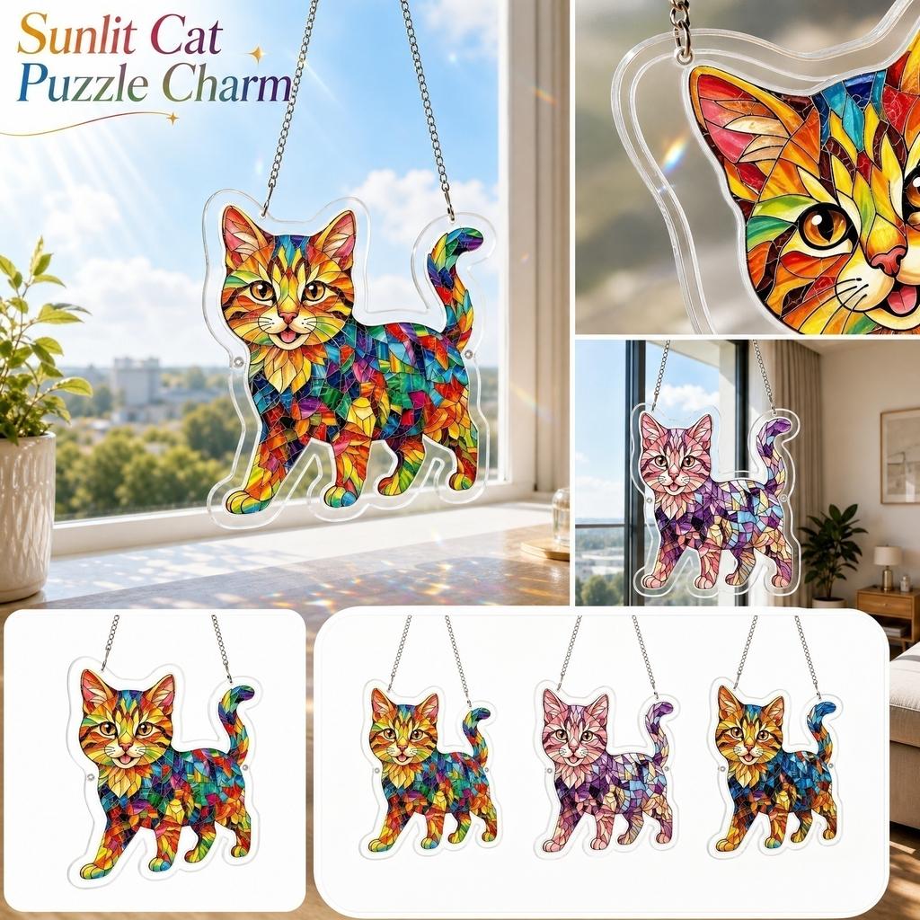Acrylic Cat Suncatcher Hanging Ornament Stained Glass Style Decorative Window Decoration with Chain for Indoor Use