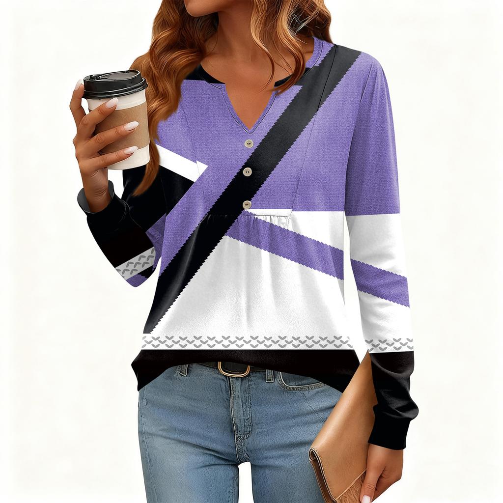 Women's Relaxed,Fit V,Neck Vintage Color,Blocked Floral Print Long,Sleeve Pullover Tee