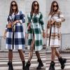 2025 Autumn Winter Women's Brushed Plaid Shirt Dress, Mid-Length Wool Blend Coat with Flannel Lining, Long Tartan Shirt Jacket for Casual Style