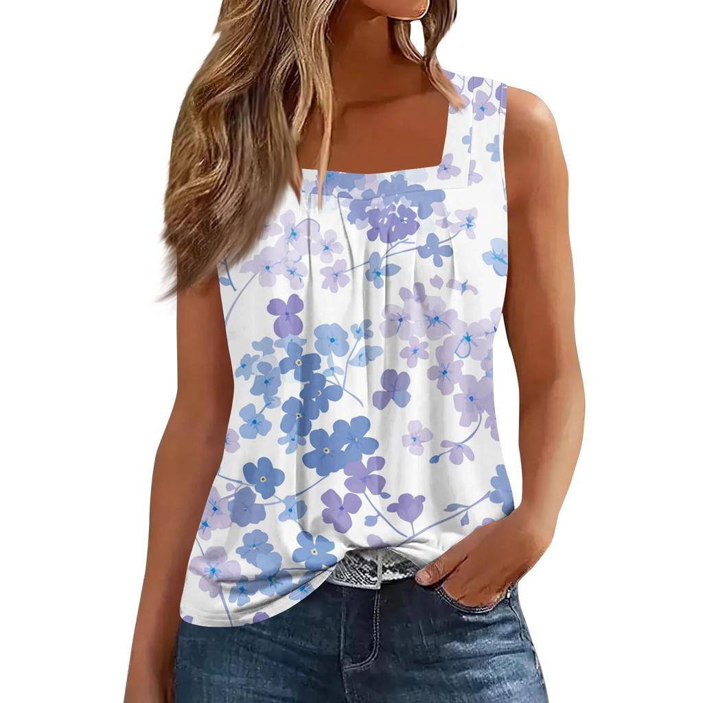 Women's Fashion Casual Pleated Square Collar Sleeveless Vest Print Summer T-shirt