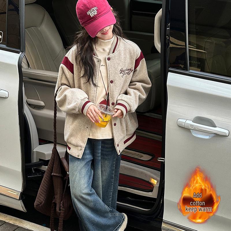 

Girls Quilted Woolen Baseball Jacket for Fall/Winter 2025 – Fashionable, Thickened Casual Coat for Middle and Big Kids. 140 cm
