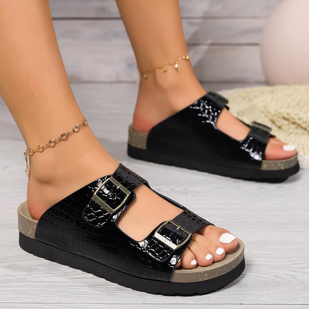 Flat Bottomed Casual Slippers Double Buttons and Exposed Toes Stone Patterned Women's Slippers