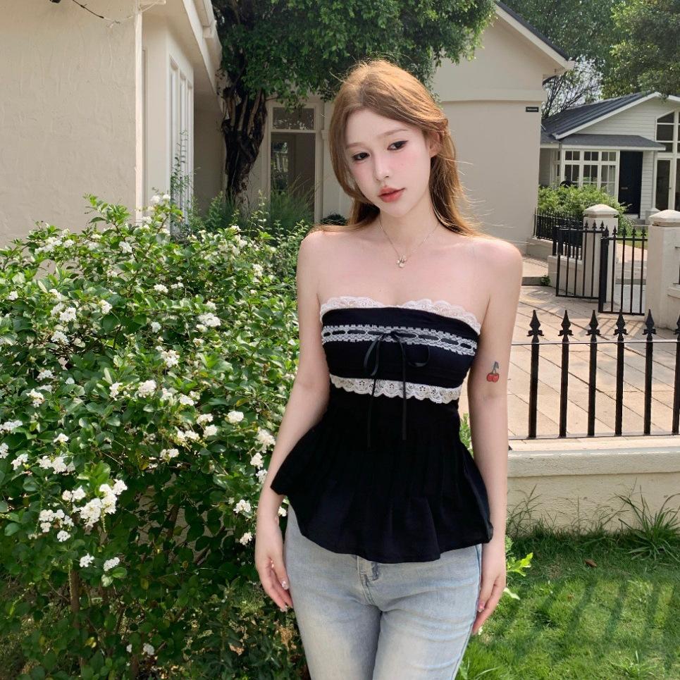#Summer new pure lace lace bow tube top integrated chest pad top women