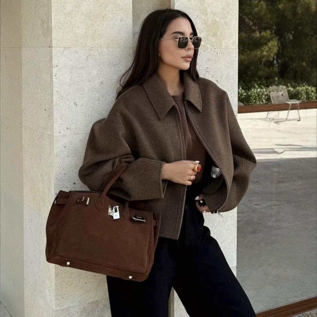 Herbst Mode Einfarbig Übergroß Reißverschluss Wollmantel Für Frauen
