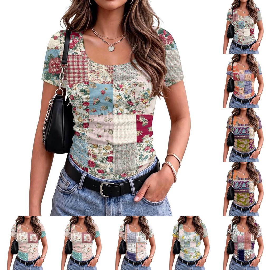 Women Slim Fit Square Neck Short Sleeve Top Vintage Floral Print Patchwork Ribbed Texture Stretchy Casual Shirt